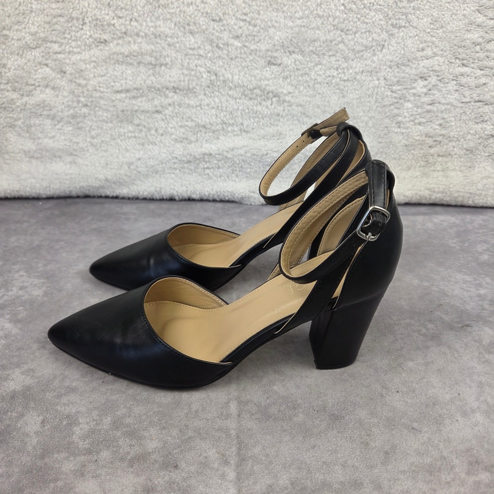 Black Pointed Toe Block Heel Ankle Strap Pumps d'Orsay Heels